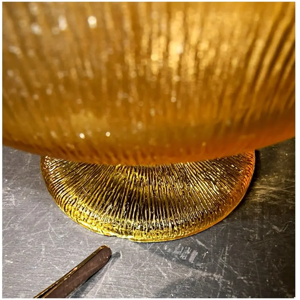 2044.  Vintage MCM Amber Glass Pedestal Compote Tree Bark Texture